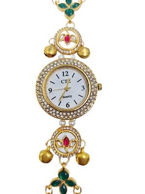 green  color women gold-toned kashmiri pearl & stone-studded ethnic wrist watch 3
