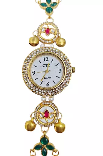 green  color women gold-toned kashmiri pearl & stone-studded ethnic wrist watch