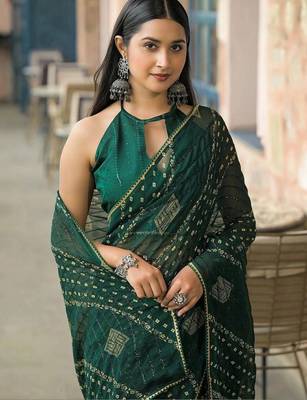 Green pure georgette printed saree with blouse 2