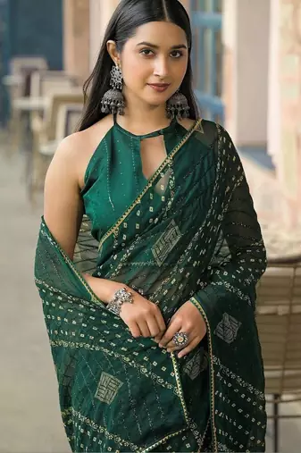 Green pure georgette printed saree with blouse