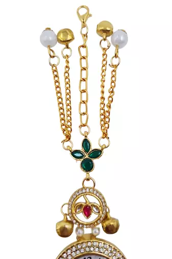 green  color women gold-toned kashmiri pearl & stone-studded ethnic wrist watch