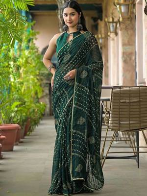 Green pure georgette printed saree with blouse 3