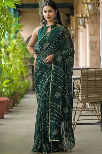 Green pure georgette printed saree with blouse