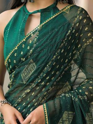 Green pure georgette printed saree with blouse 4