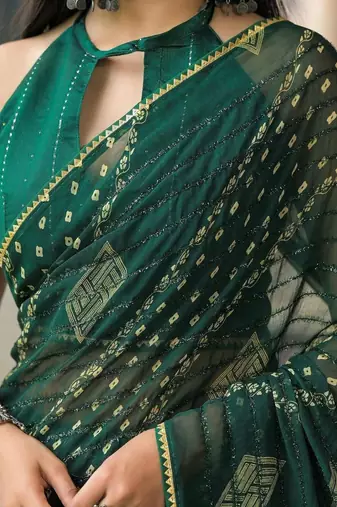 Green pure georgette printed saree with blouse