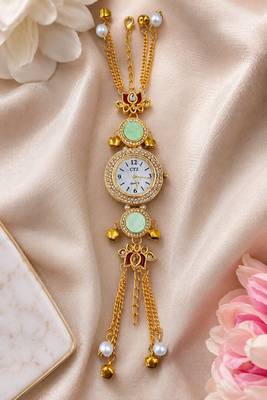 green  color women gold-toned kashmiri pearl & stone-studded ethnic wrist watch 1