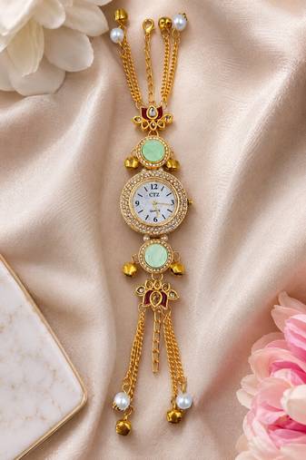green  color women gold-toned kashmiri pearl & stone-studded ethnic wrist watch