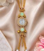 green  color women gold-toned kashmiri pearl & stone-studded ethnic wrist watch