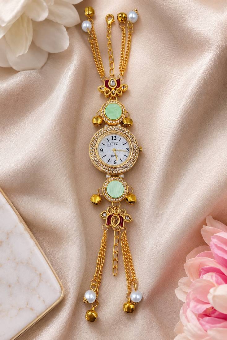 green  color women gold-toned kashmiri pearl & stone-studded ethnic wrist watch