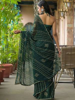 Green pure georgette printed saree with blouse 5
