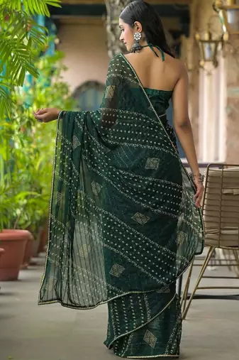 Green pure georgette printed saree with blouse