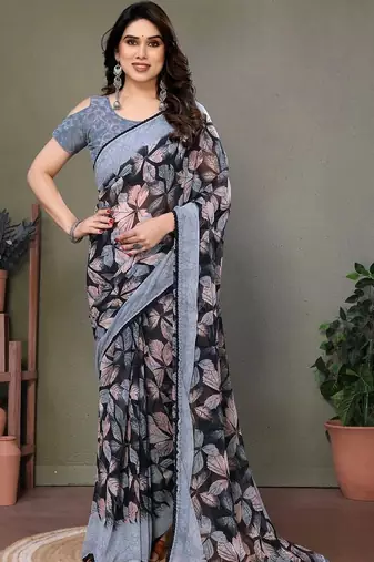 Black chiffon printed saree with blouse