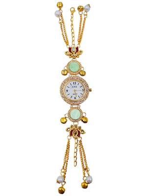 green  color women gold-toned kashmiri pearl & stone-studded ethnic wrist watch 2