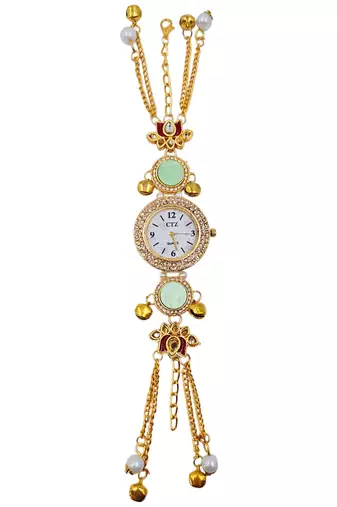 green  color women gold-toned kashmiri pearl & stone-studded ethnic wrist watch