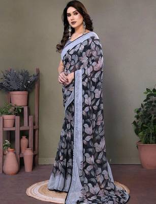 Black chiffon printed saree with blouse 2