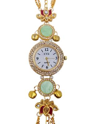 green  color women gold-toned kashmiri pearl & stone-studded ethnic wrist watch 3