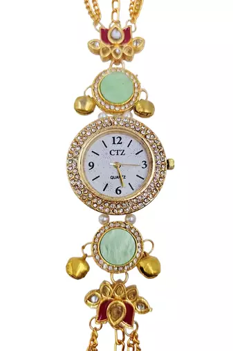 green  color women gold-toned kashmiri pearl & stone-studded ethnic wrist watch