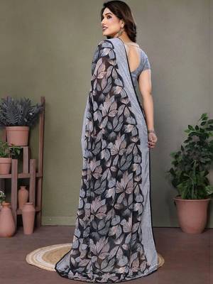 Black chiffon printed saree with blouse 3