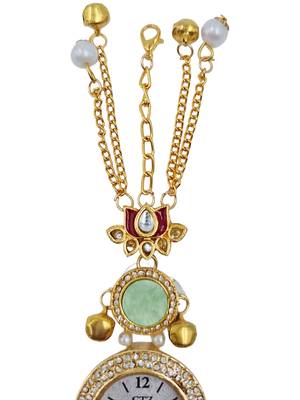 green  color women gold-toned kashmiri pearl & stone-studded ethnic wrist watch 4