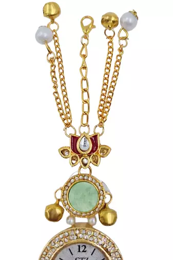 green  color women gold-toned kashmiri pearl & stone-studded ethnic wrist watch