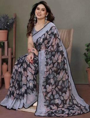 Black chiffon printed saree with blouse 4