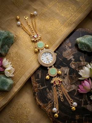 green  color women gold-toned kashmiri pearl & stone-studded ethnic wrist watch 5