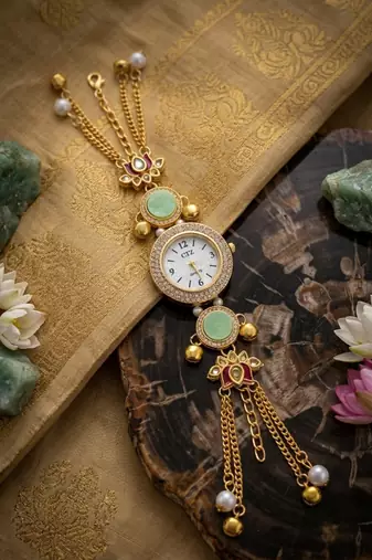 green  color women gold-toned kashmiri pearl & stone-studded ethnic wrist watch