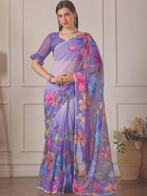 Purple pure georgette printed saree with blouse 1