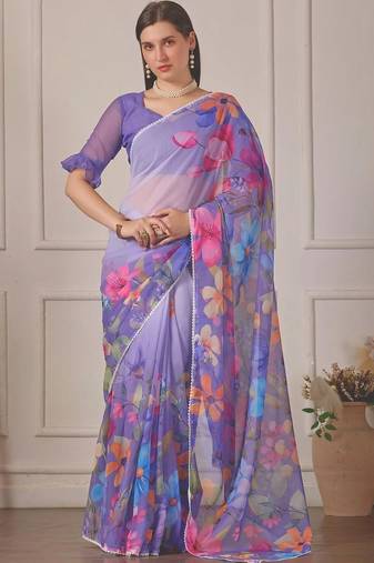 Purple pure georgette printed saree with blouse