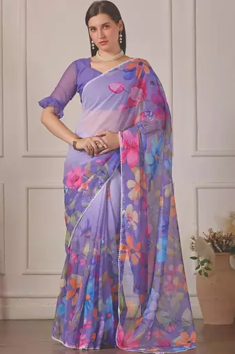 Purple pure georgette printed saree with blouse