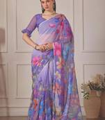 Purple pure georgette printed saree with blouse