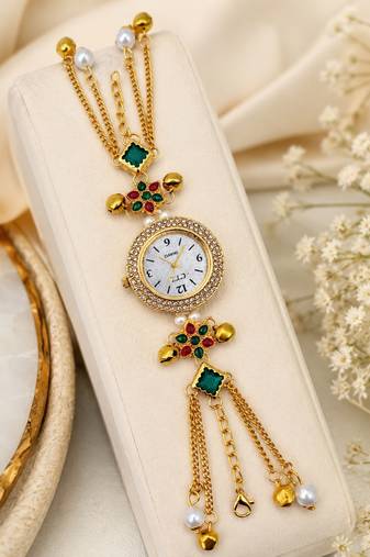 multicolor  color women gold-toned kashmiri pearl & stone-studded ethnic wrist watch