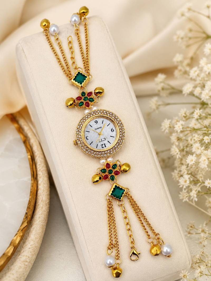multicolor  color women gold-toned kashmiri pearl & stone-studded ethnic wrist watch