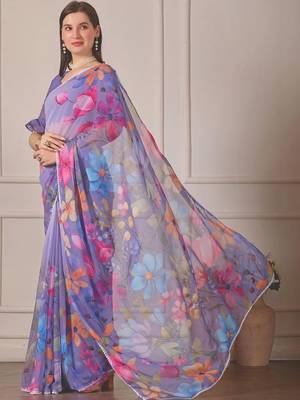 Purple pure georgette printed saree with blouse 2