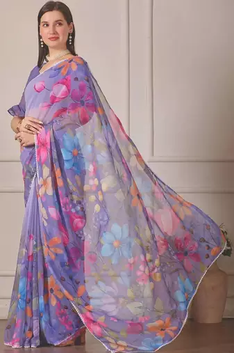 Purple pure georgette printed saree with blouse