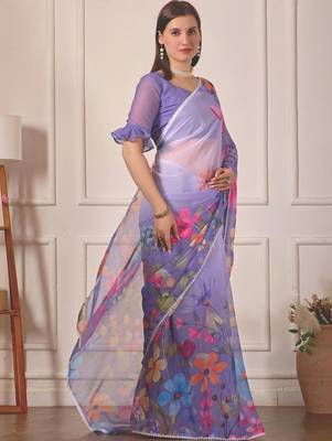 Purple pure georgette printed saree with blouse 3
