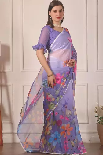 Purple pure georgette printed saree with blouse