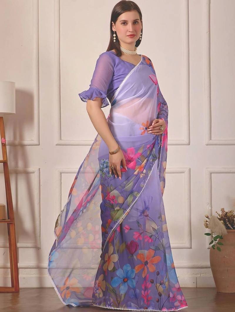 Purple pure georgette printed saree with blouse