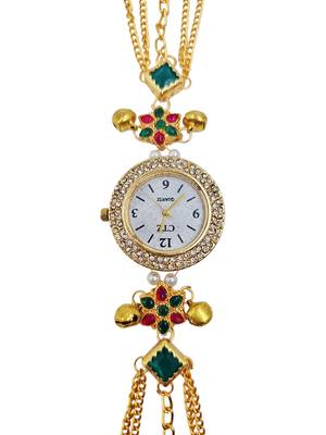 multicolor  color women gold-toned kashmiri pearl & stone-studded ethnic wrist watch 2