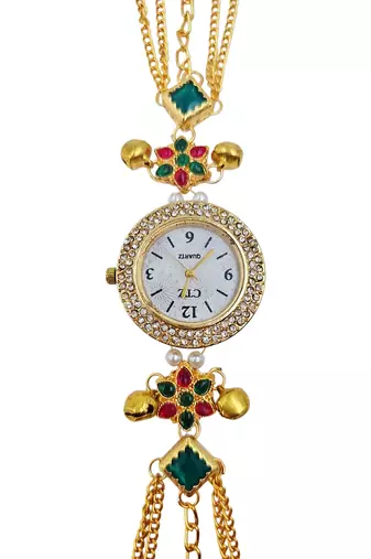 multicolor  color women gold-toned kashmiri pearl & stone-studded ethnic wrist watch