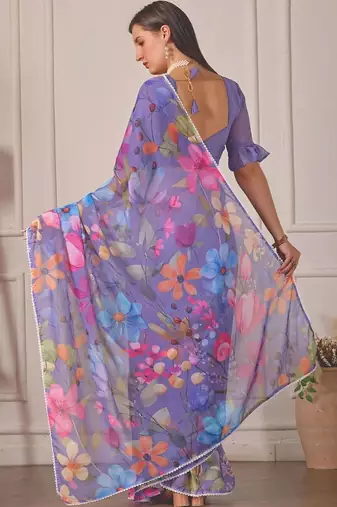 Purple pure georgette printed saree with blouse