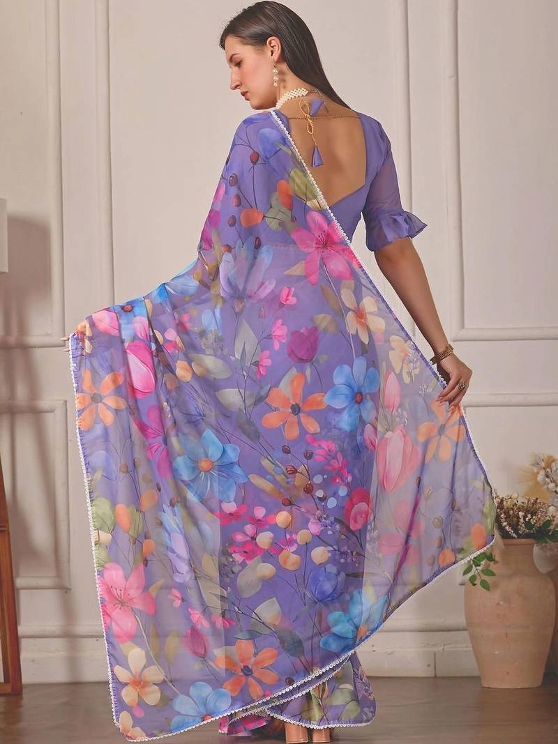 Purple pure georgette printed saree with blouse