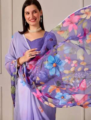 Purple pure georgette printed saree with blouse 5