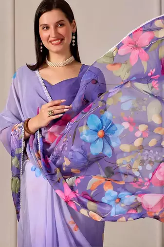 Purple pure georgette printed saree with blouse