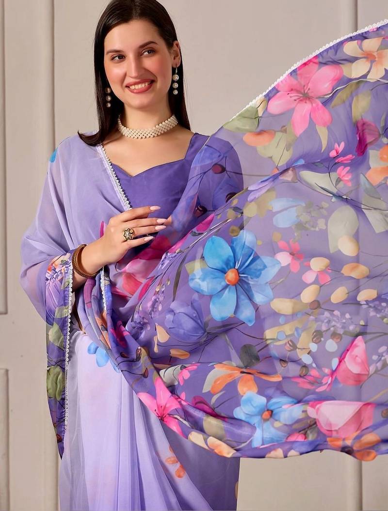 Purple pure georgette printed saree with blouse