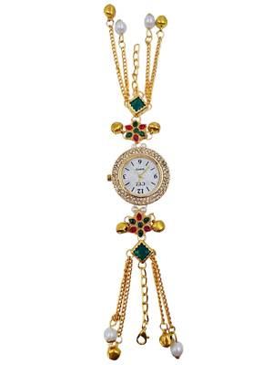 multicolor  color women gold-toned kashmiri pearl & stone-studded ethnic wrist watch 4