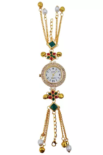 multicolor  color women gold-toned kashmiri pearl & stone-studded ethnic wrist watch