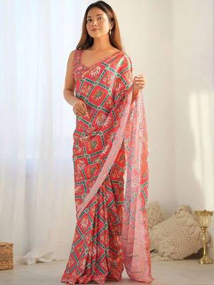 Peach pure georgette printed saree with blouse 1