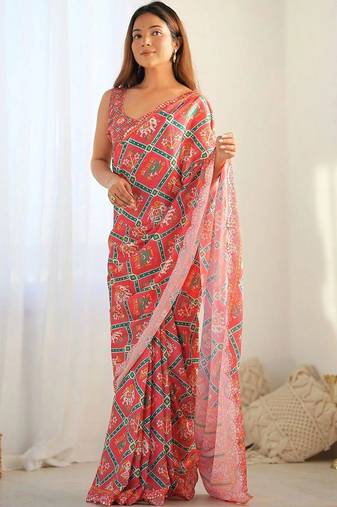 Peach pure georgette printed saree with blouse