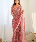 Peach pure georgette printed saree with blouse
